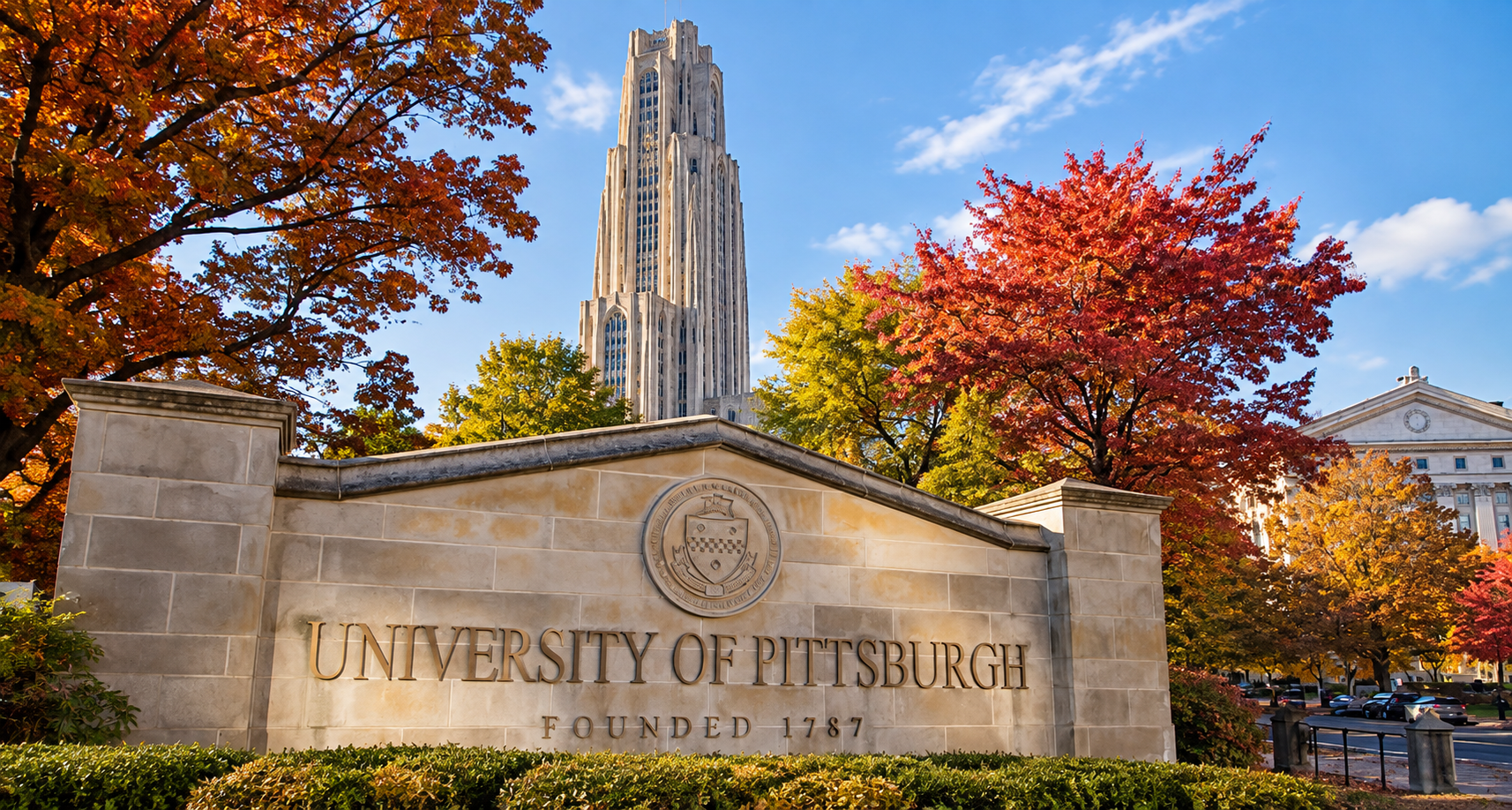 University of Pittsburgh sign with the Cathedral of Learning in the background