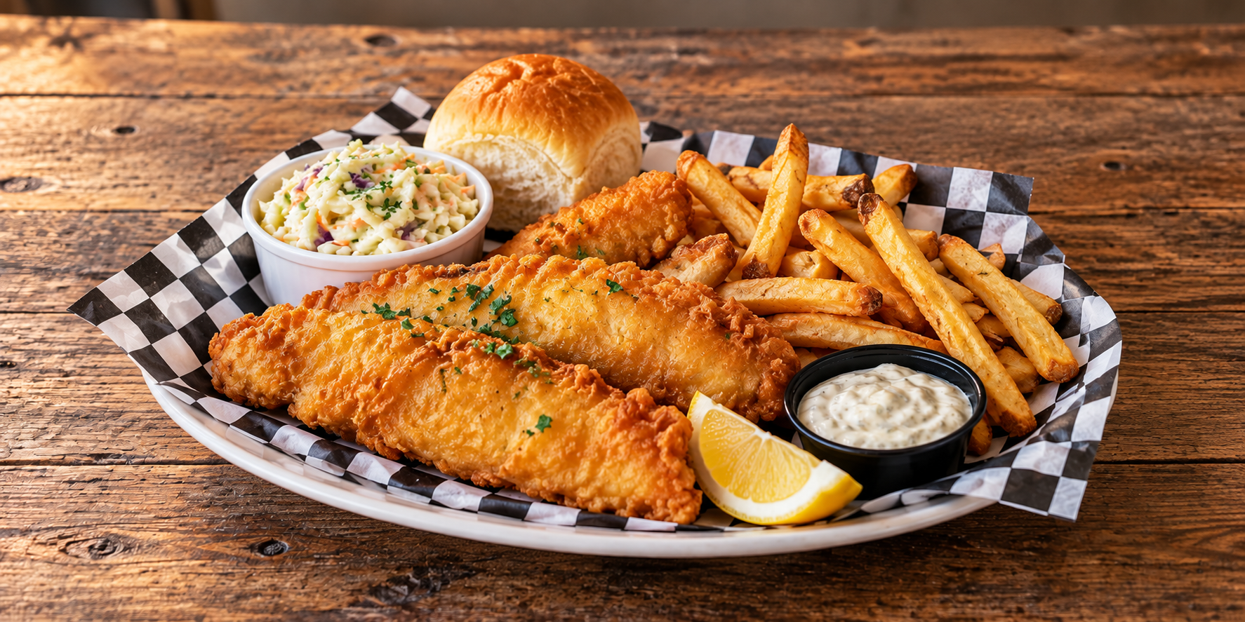 Fish fry meal with battered fish, french fries, and sides