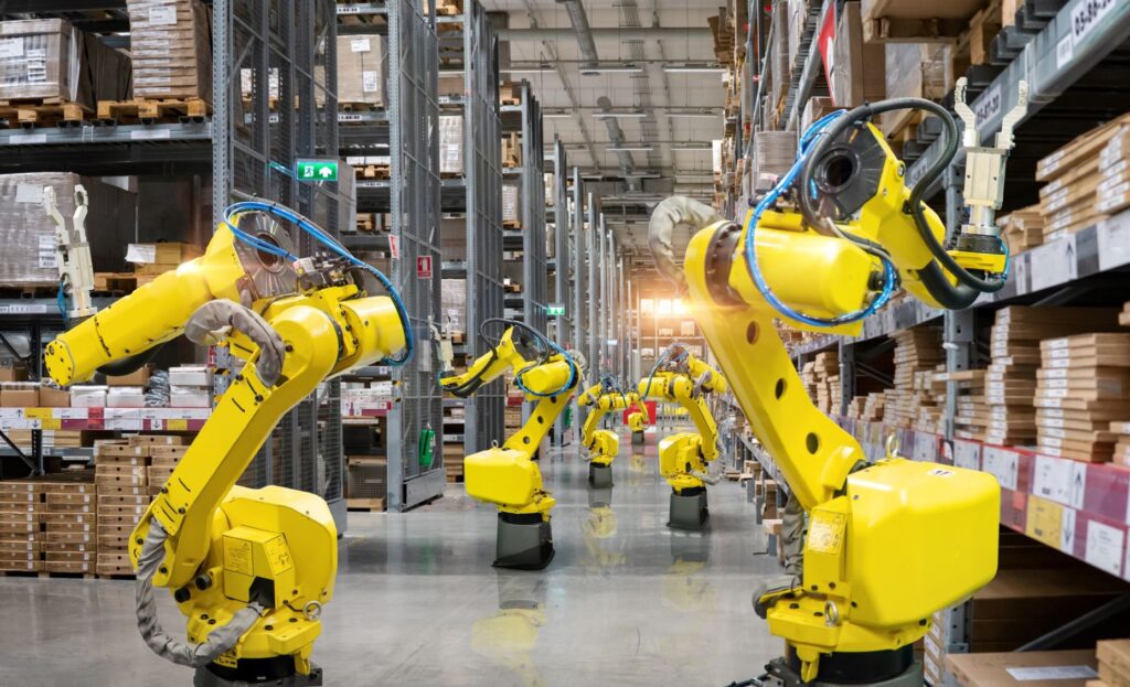 Automated manufacturing facility with industrial robotic equipment