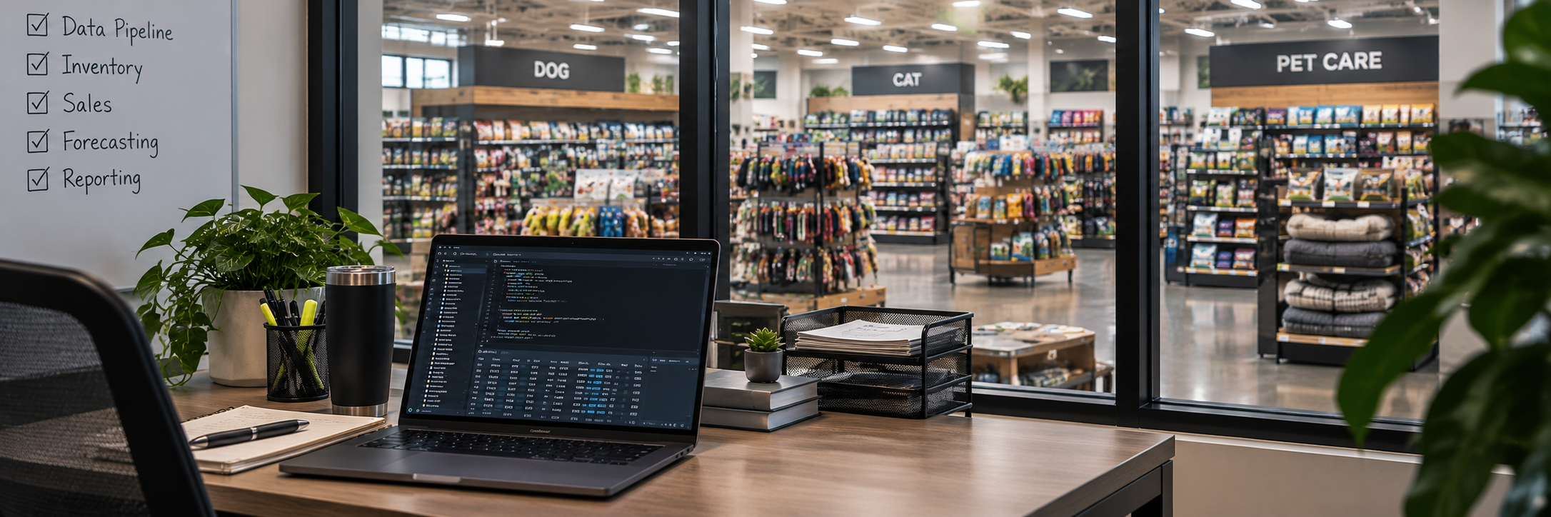 Data engineering workspace overlooking a modern pet retail sales floor
